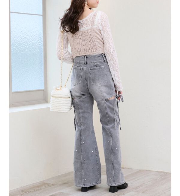  「スリットビジューフレアデニムパンツ」|デニム|