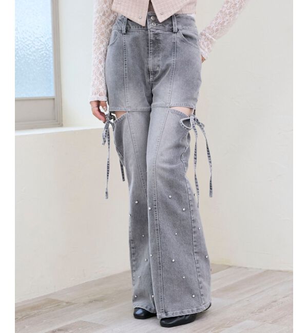  「スリットビジューフレアデニムパンツ」|デニム|