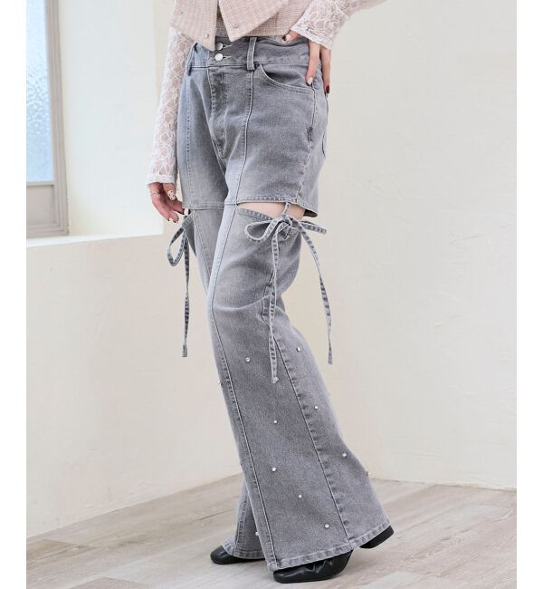  「スリットビジューフレアデニムパンツ」|デニム|