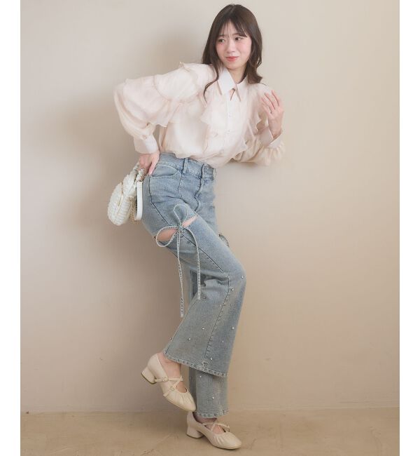  「スリットビジューフレアデニムパンツ」|デニム|