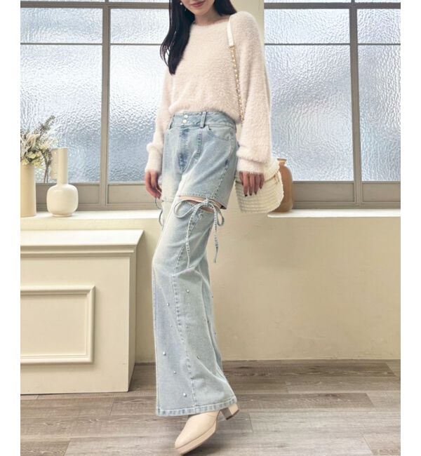  「スリットビジューフレアデニムパンツ」|デニム|