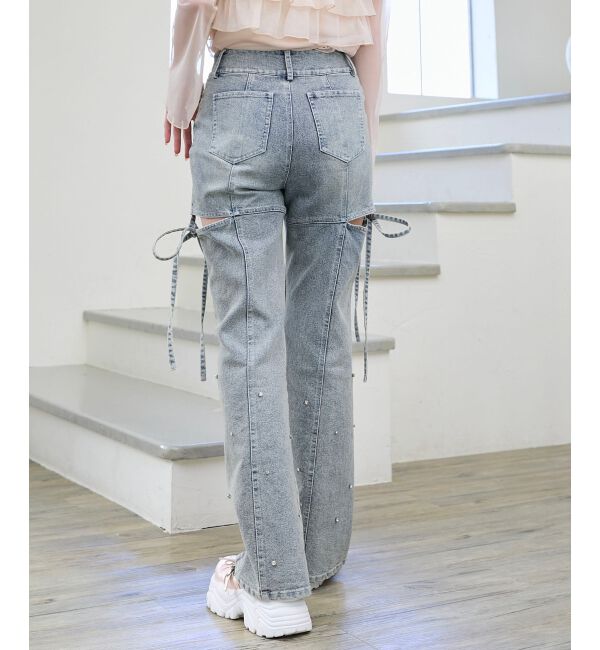  「スリットビジューフレアデニムパンツ」|デニム|