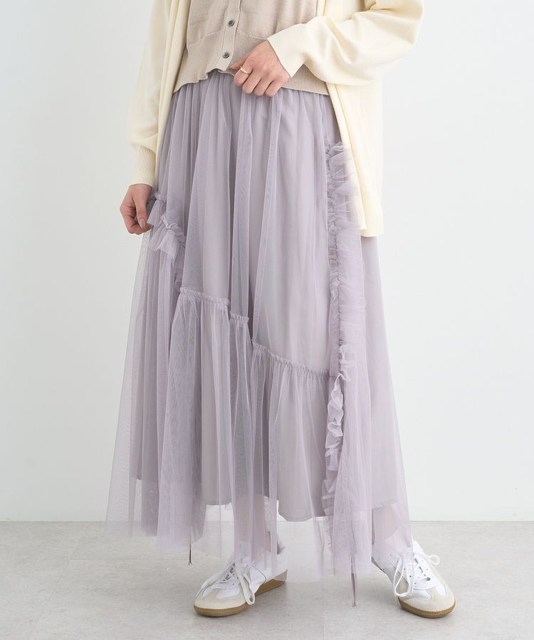 earth music&ecology「チュールアシンメトリーフリルスカート」|フレア|Light Gray