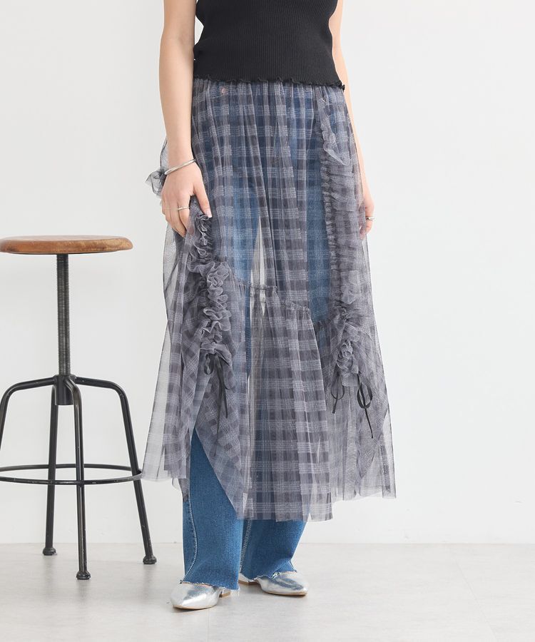 earth music&ecology「チュールアシンメトリーフリルスカート」|フレア|