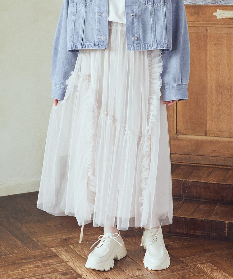 earth music&ecology「チュールアシンメトリーフリルスカート」|フレア|