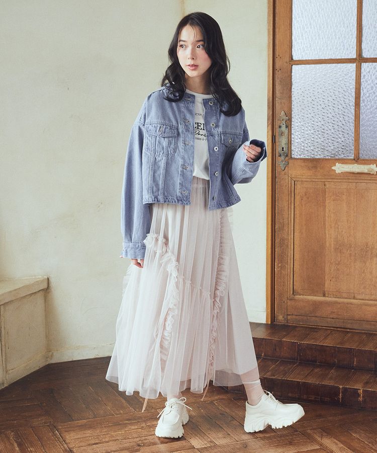earth music&ecology「チュールアシンメトリーフリルスカート」|フレア|