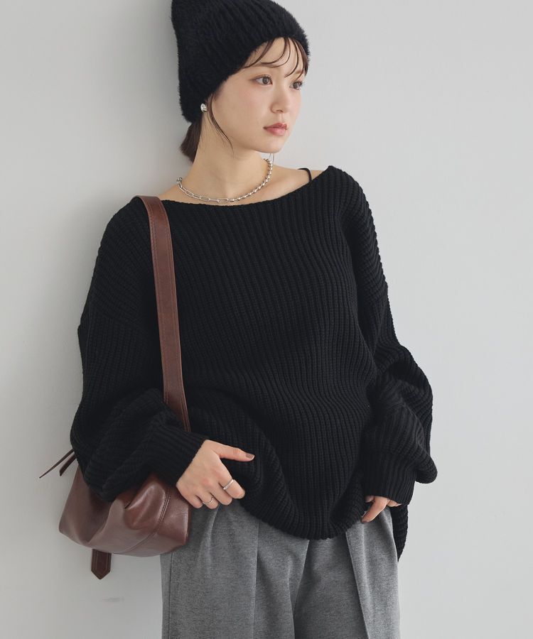 earth music&ecology「アンチピリングクロスネックルーズニット」|チュニック|Black