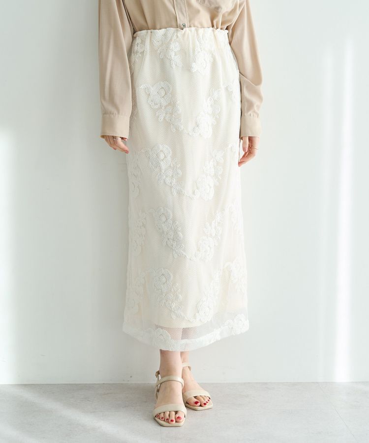 YECCA VECCA「フラワー柄刺繍メッシュスカート」|スカート|