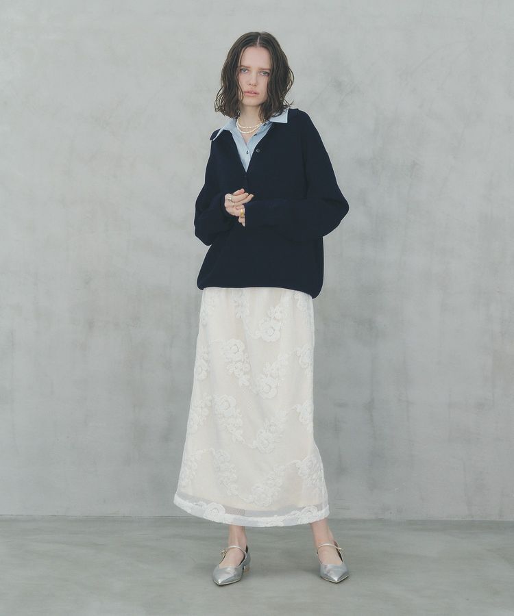 YECCA VECCA「フラワー柄刺繍メッシュスカート」|スカート|