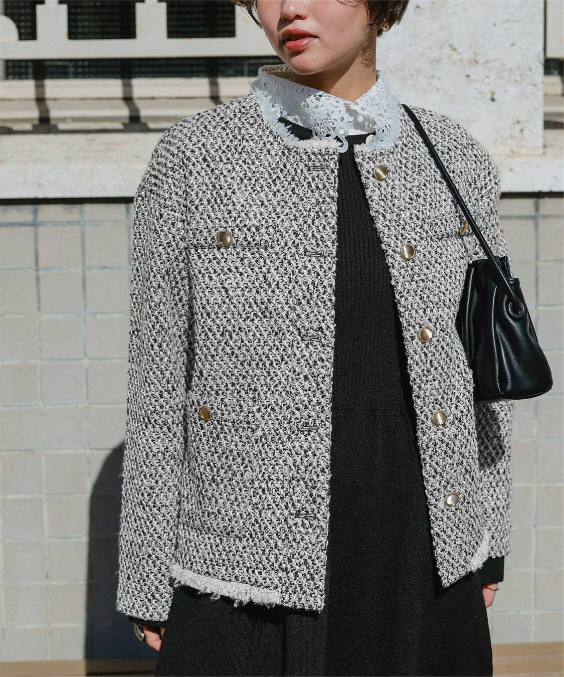 titivate「ツイードジャケット」|ノーカラージャケット|ﾌﾞﾗｯｸ/ｵﾌﾎﾜｲﾄ