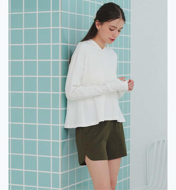 SEA DRESS「フード付トップスラッシュガードセットアップ」|ビキニ|ｵﾌﾎﾜｲﾄ/ｶｰｷ