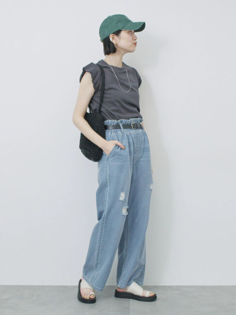 Samansa Mos2 blue「ハシゴレース付きフレンチTシャツ」|Tシャツ・カットソー|