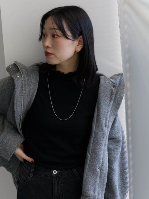 Samansa Mos2 blue「【吸湿発熱】リブフリル衿PO」|Tシャツ・カットソー|