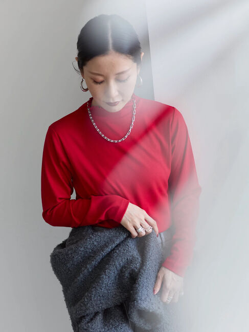 Samansa Mos2 blue「【吸湿発熱】リブフリル衿PO」|Tシャツ・カットソー|