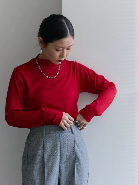 Samansa Mos2 blue「【吸湿発熱】リブフリル衿PO」|Tシャツ・カットソー|