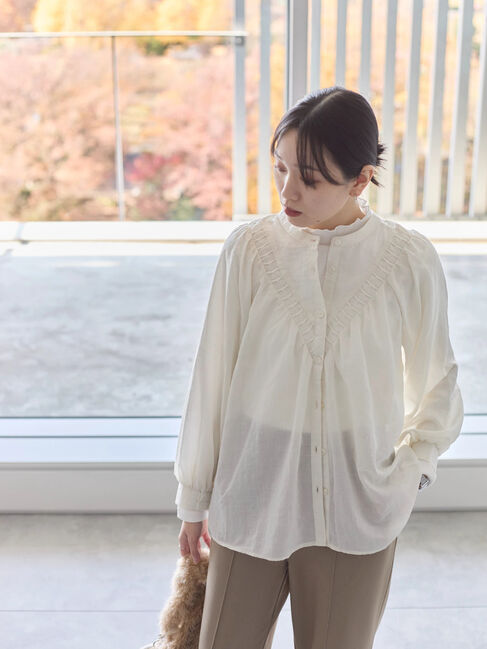 Samansa Mos2 blue「【吸湿発熱】リブフリル衿PO」|Tシャツ・カットソー|