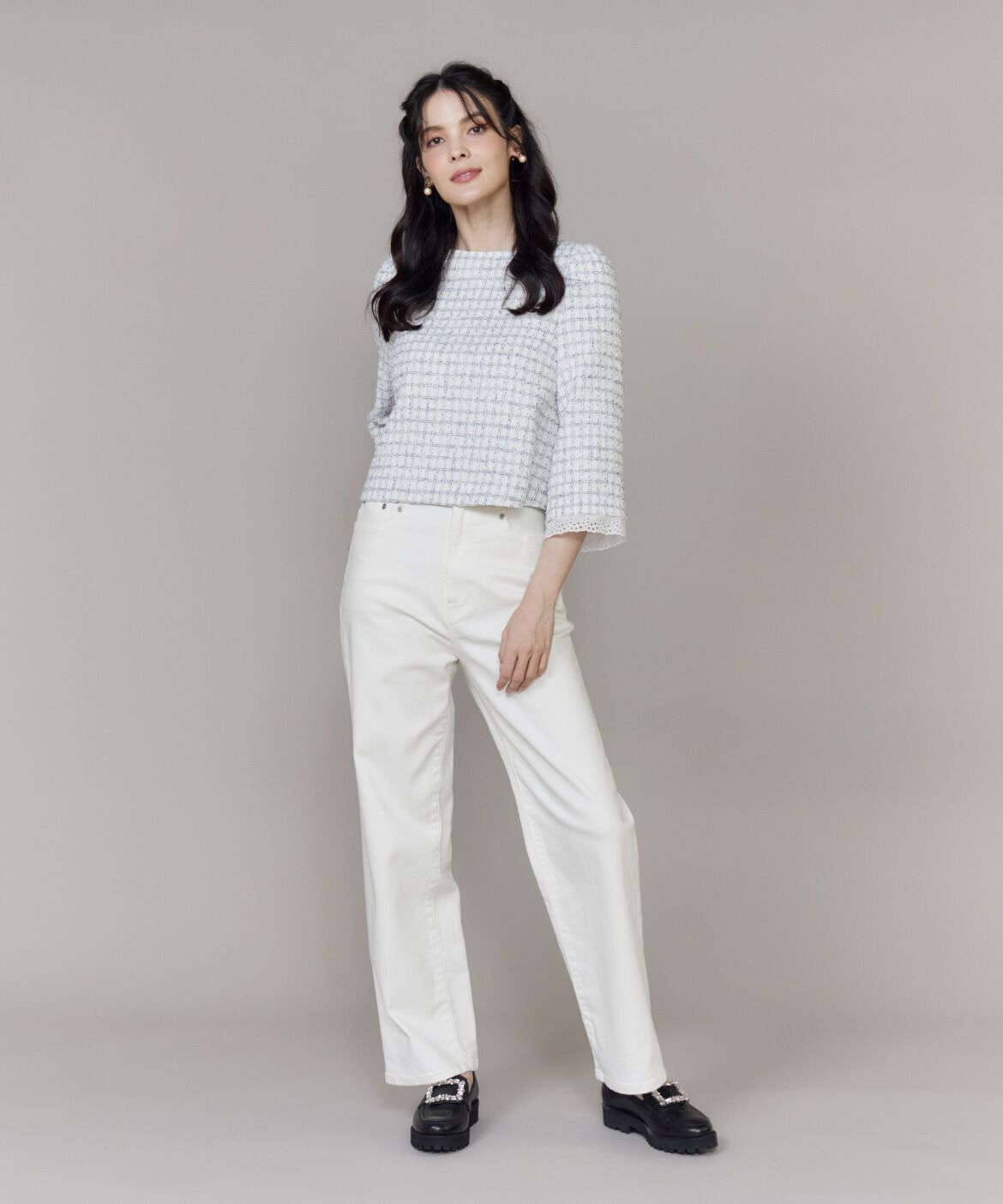 Maglie le cassetto「《大きいｻｲｽﾞ》袖刺繍ﾚｰｽ艶めきﾂｲｰﾄﾞﾌﾞﾗｳｽ《M Maglie le c」|シャツ・ブラウス|