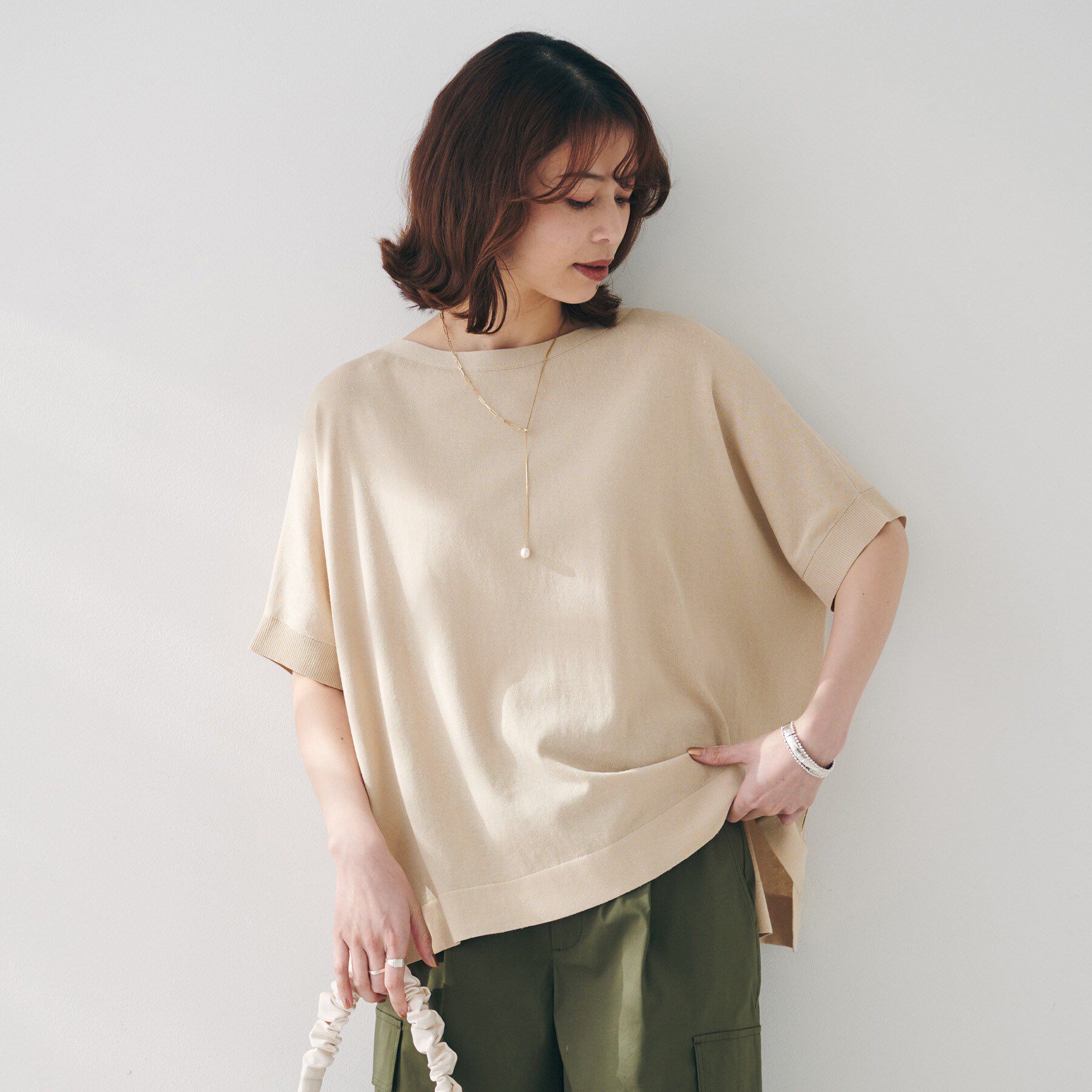 UNTITLED「【体型カバー/手洗い可】コットンリネン ワイドプルオーバーニット」|ニット・セーター|