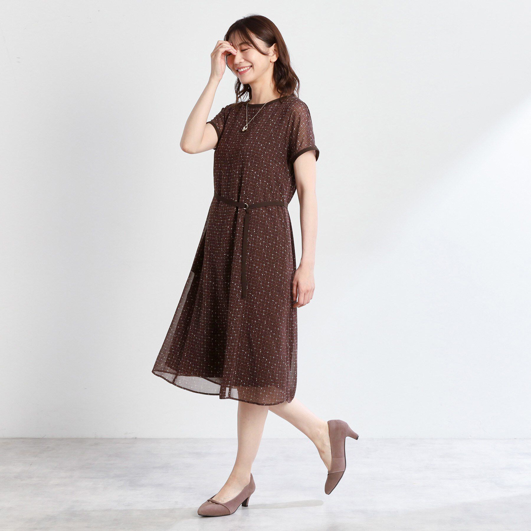 Reflect「【WEB先行カラーあり／マシンウォッシュ可／ナローベルト付き】オフボディツイードチェックワンピース」|ワンピース|