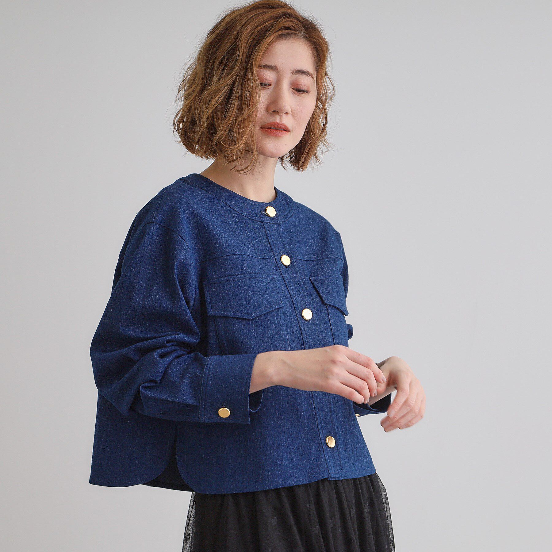 grove「ライトデニムノーカラージャケット」|デニムジャケット|