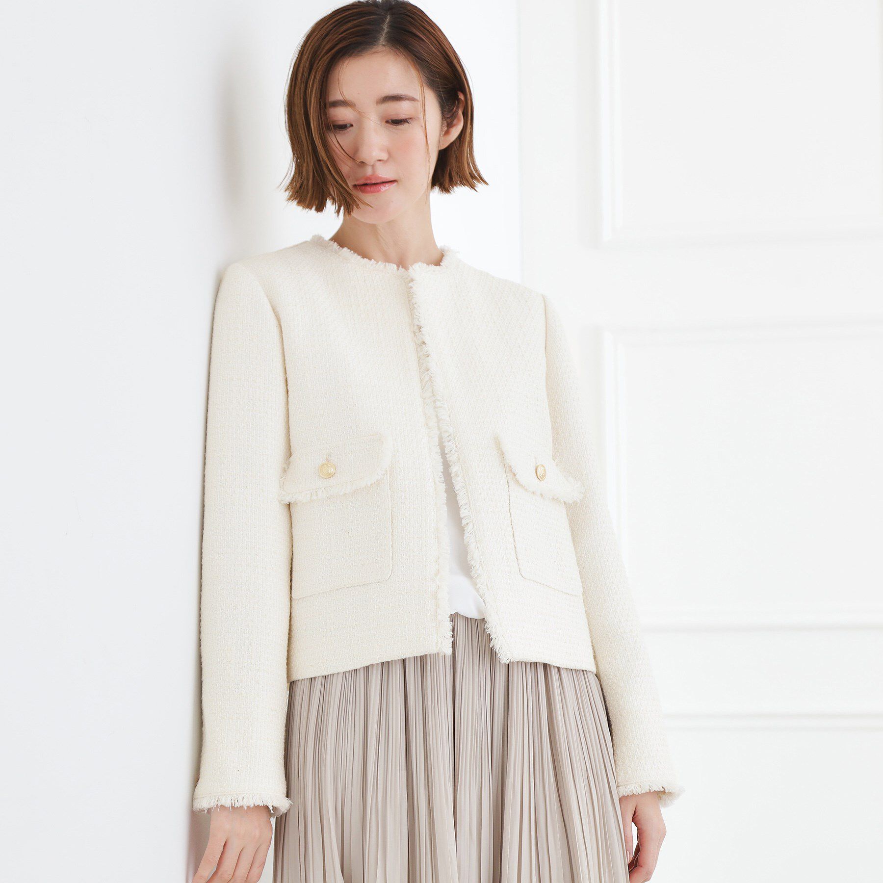 grove「【ハレの日・通勤】着回しできる上品ツイードジャケット」|ノーカラージャケット|