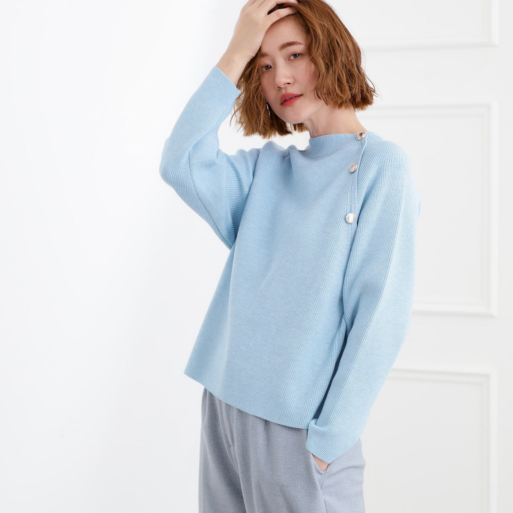 grove「ラグランスリーブ肩釦ニット」|ニット・セーター|ブルー(092)