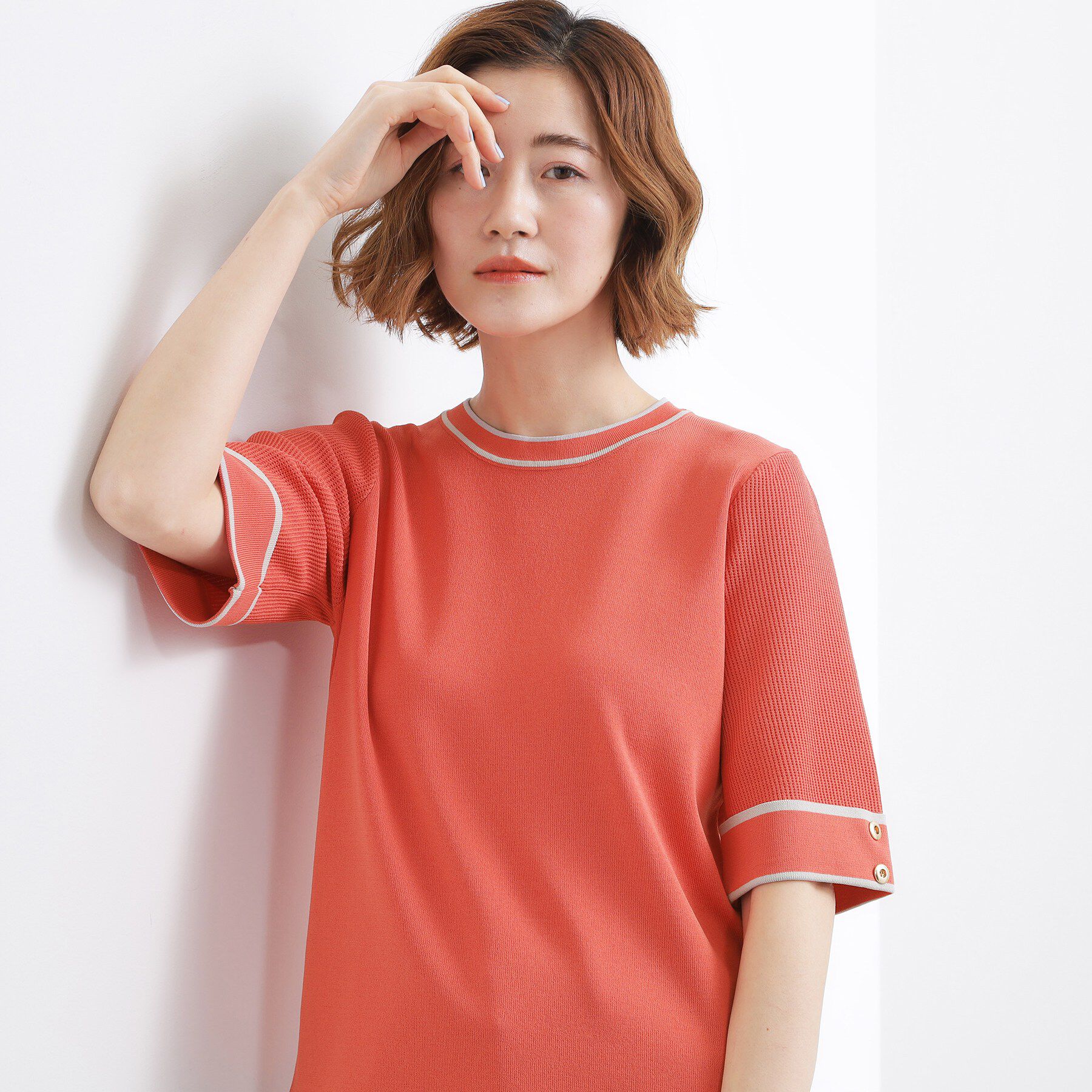 grove「やわらかドライタッチ 袖メッシュ編みニット」|ニット・セーター|