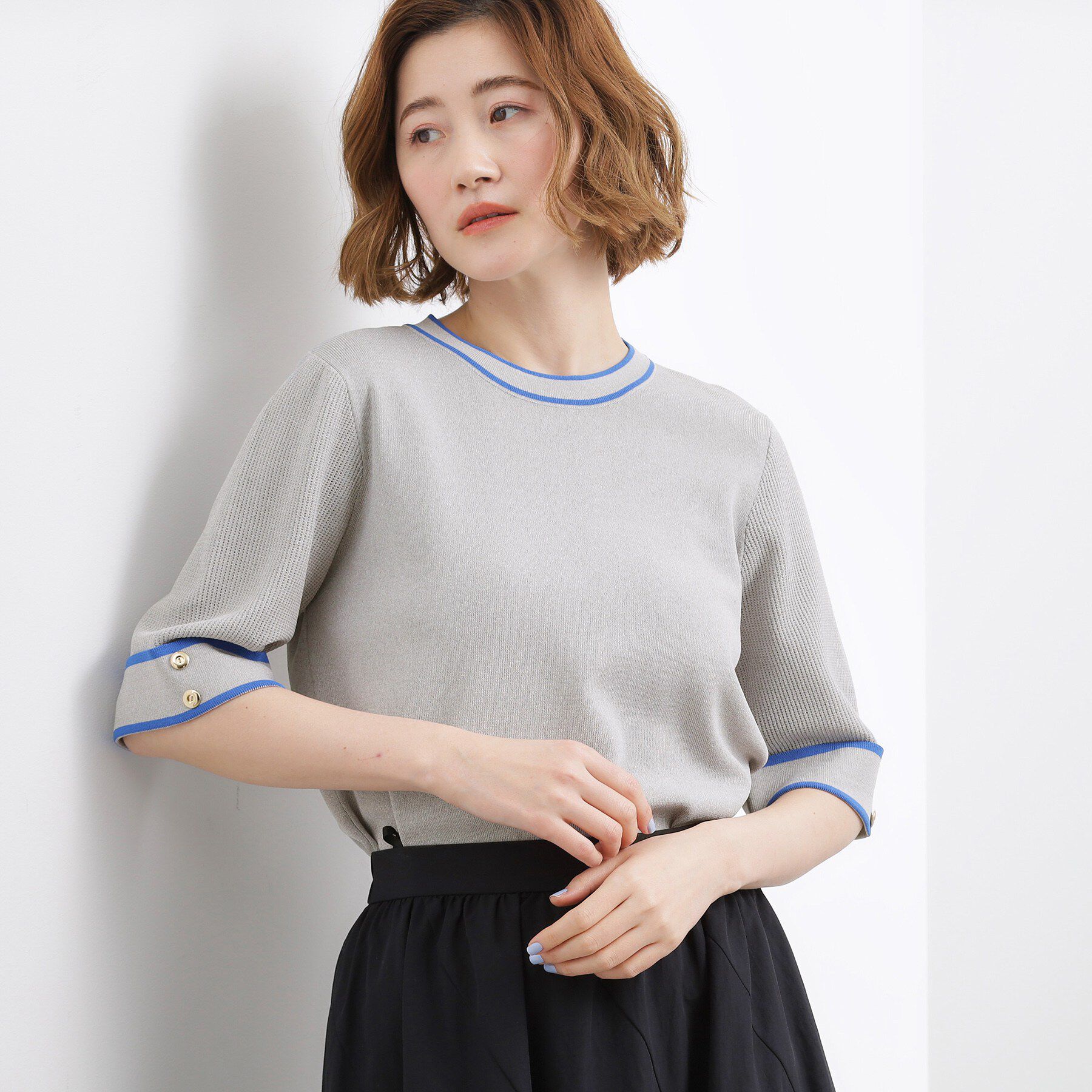 grove「やわらかドライタッチ 袖メッシュ編みニット」|ニット・セーター|グレー&times;ブルー(01