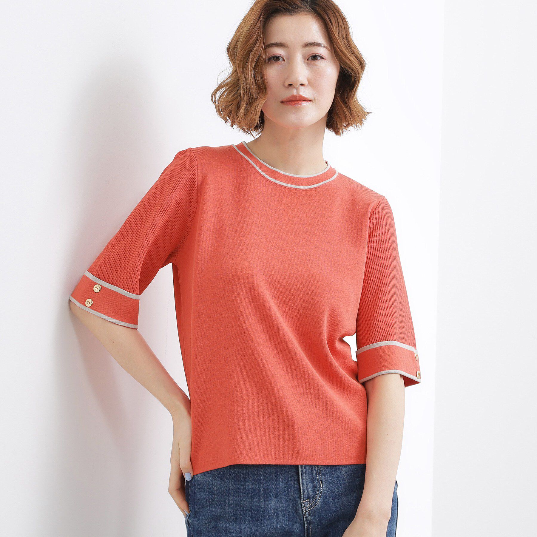 grove「やわらかドライタッチ 袖メッシュ編みニット」|ニット・セーター|レッド&times;グレージュ(