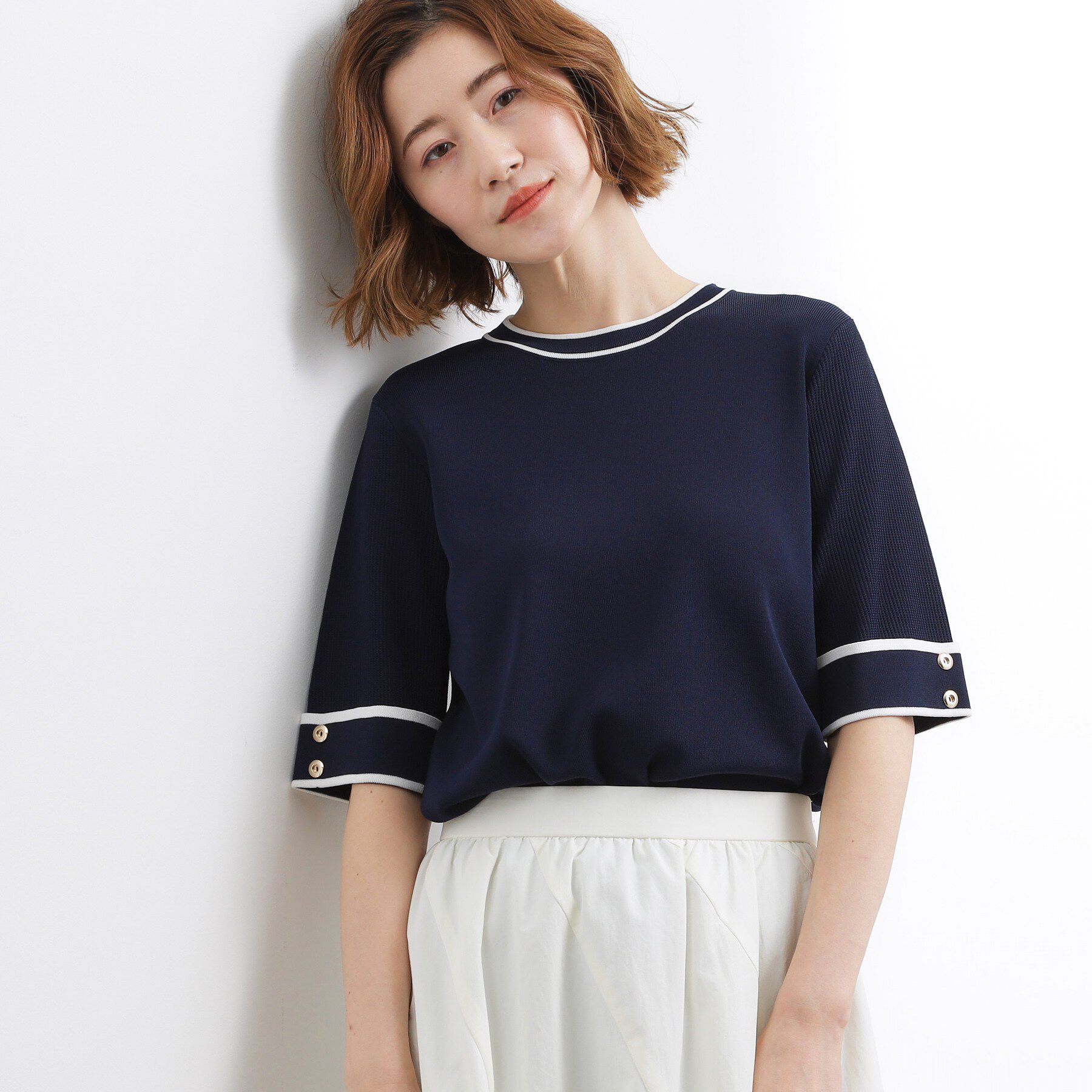 grove「やわらかドライタッチ 袖メッシュ編みニット」|ニット・セーター|ネイビー&times;オフ(09