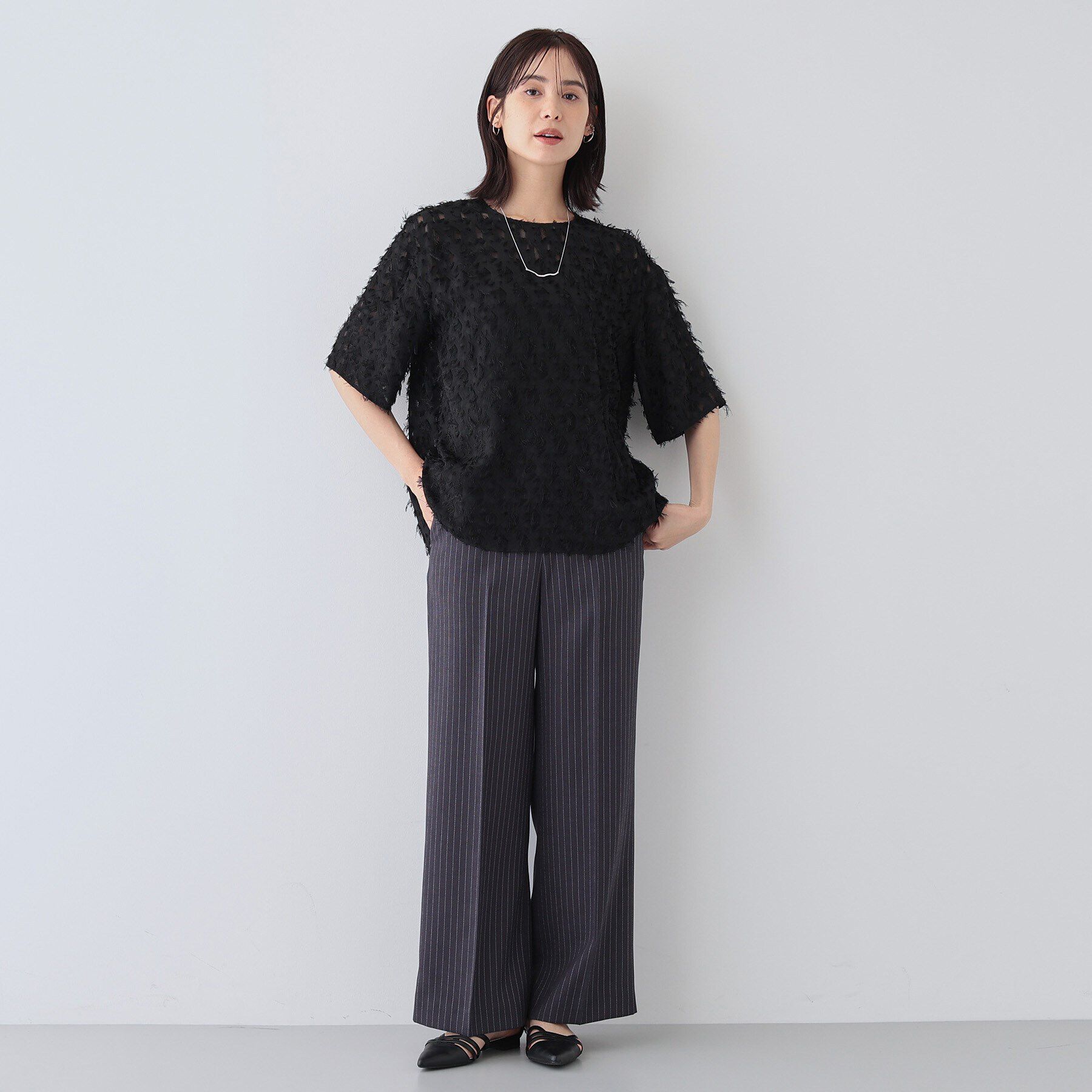 INDIVI「【トレンド／ヘアリー】フリンジカットジャカードTブラウス」|シャツ・ブラウス|