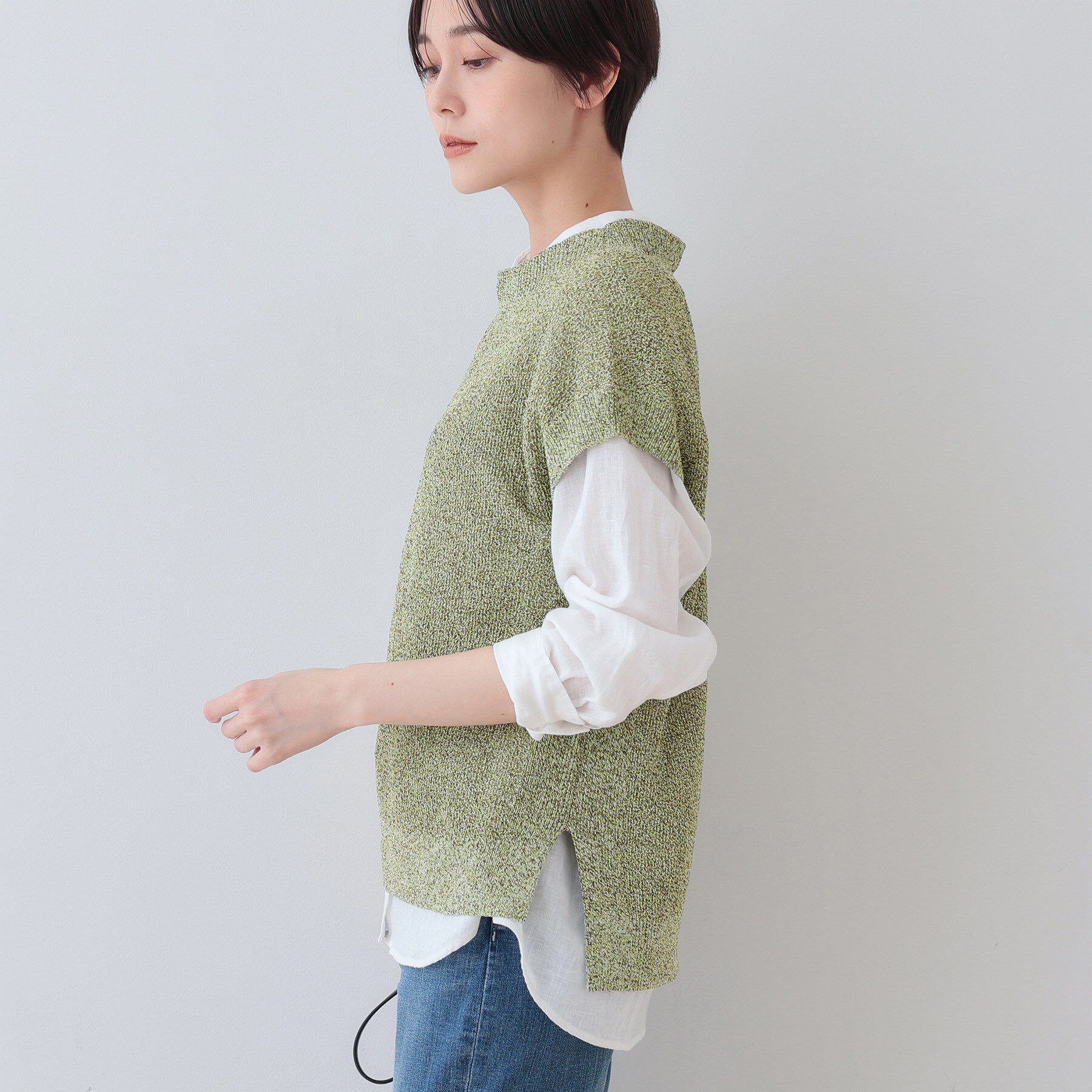 INDIVI「【和紙混素材】フレンチスリーブミックスカラーニット」|ニット・セーター|