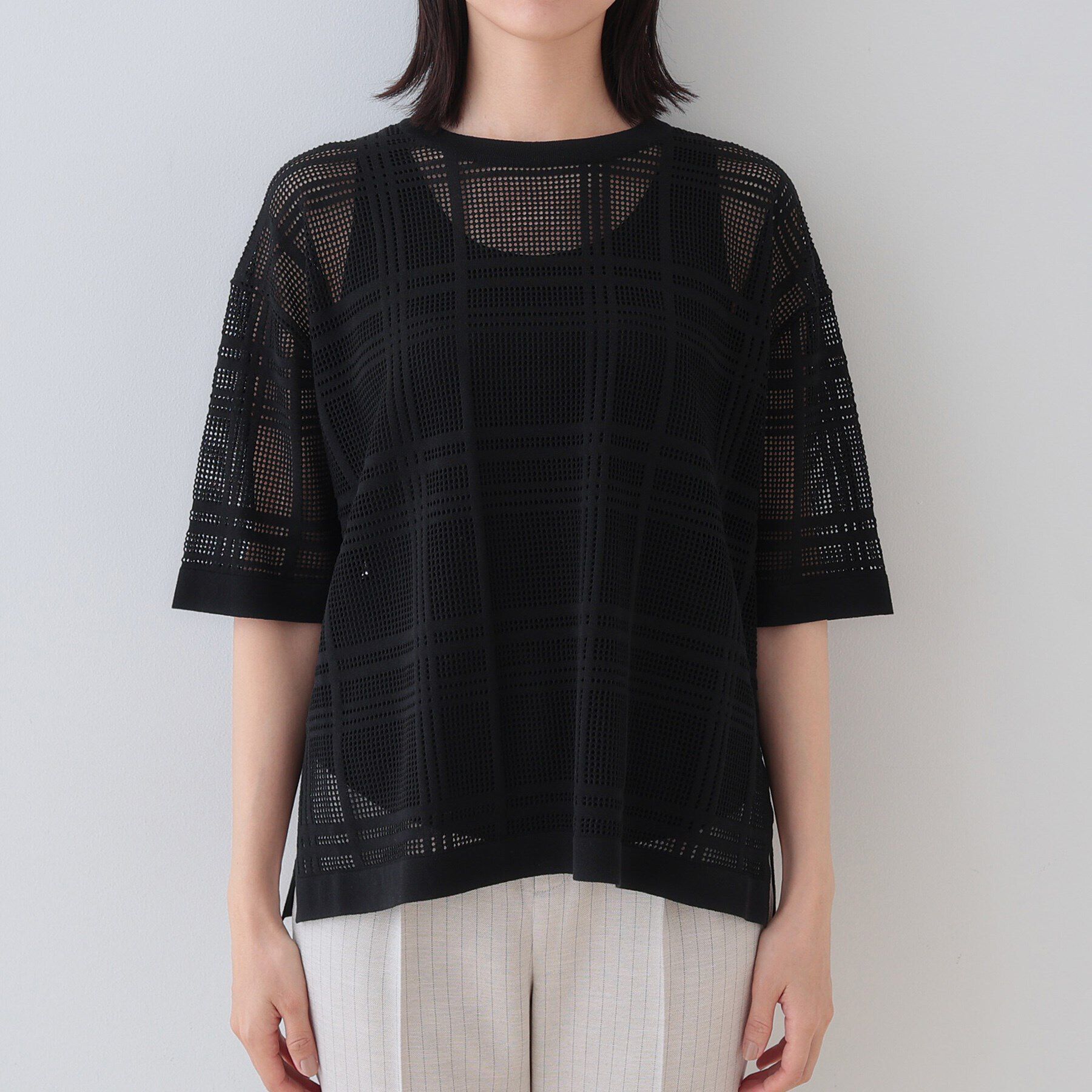 INDIVI「【洗える】メッシュチェック柄ニット」|ニット・セーター|