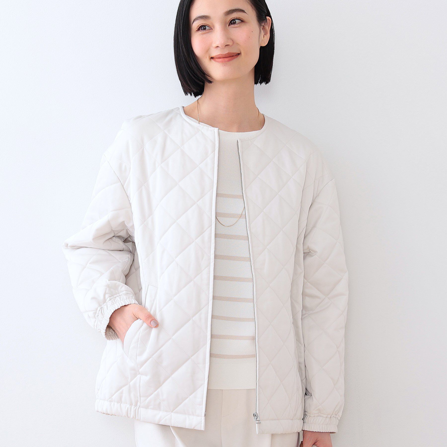 INDIVI「キルティングコート」|ノーカラーコート|アイボリー(004)