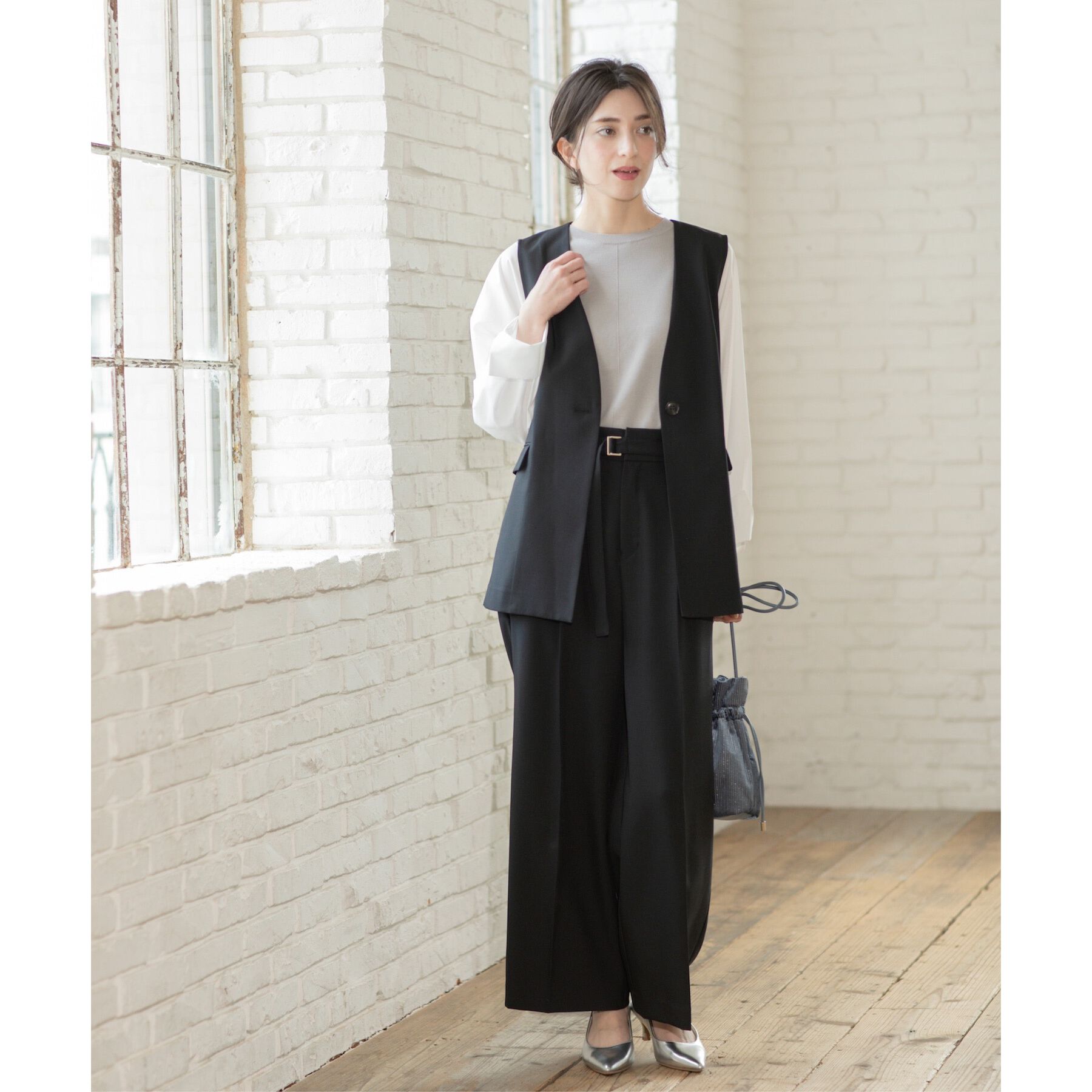 OPAQUE.CLIP「ノーカラーVネックジレ/セットアップ対応【洗濯機洗い可】」|ベスト・ジレ|