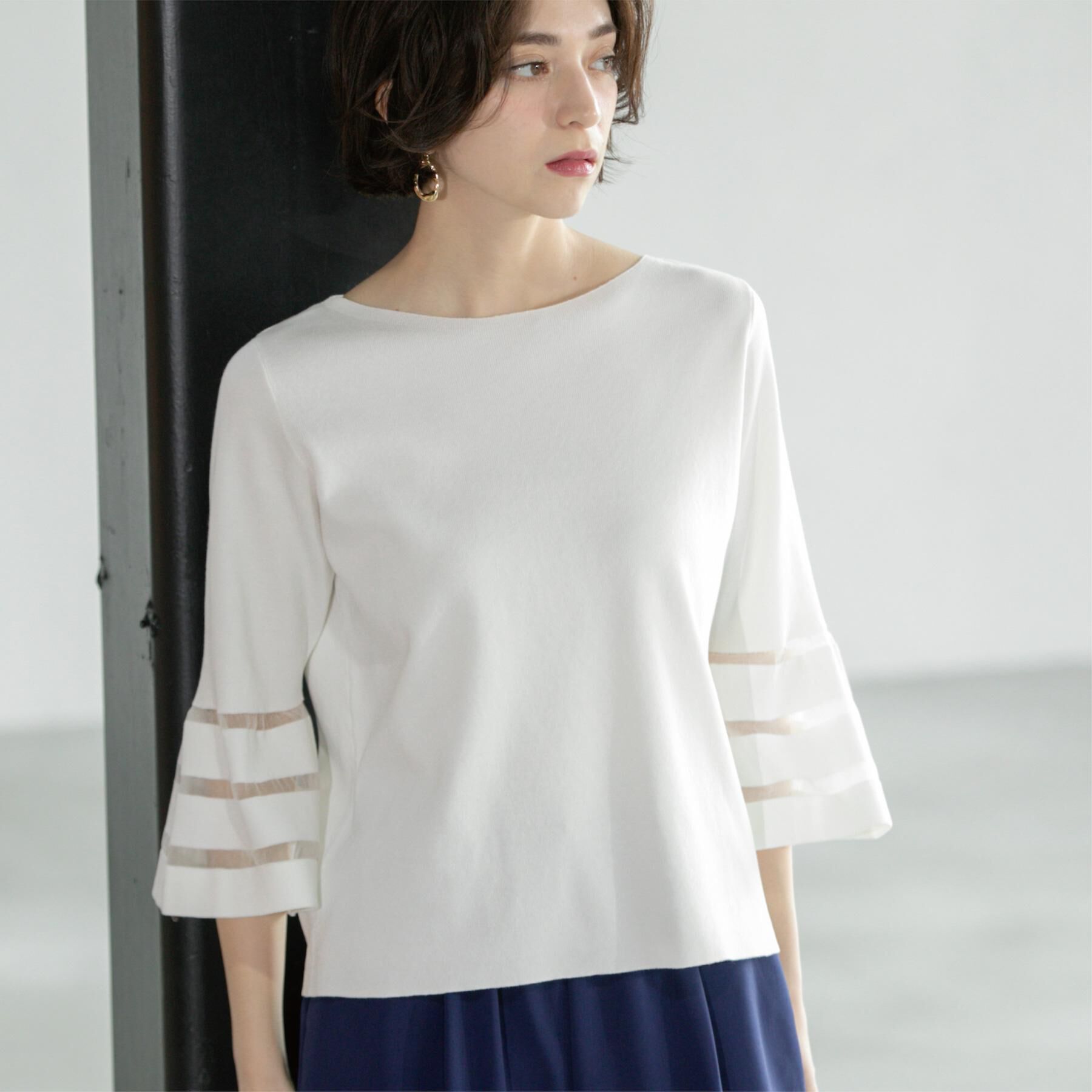 OPAQUE.CLIP「《6色展開》シアーボーダーフレアスリーブニット【洗濯機洗い可】」|ニット・セーター|