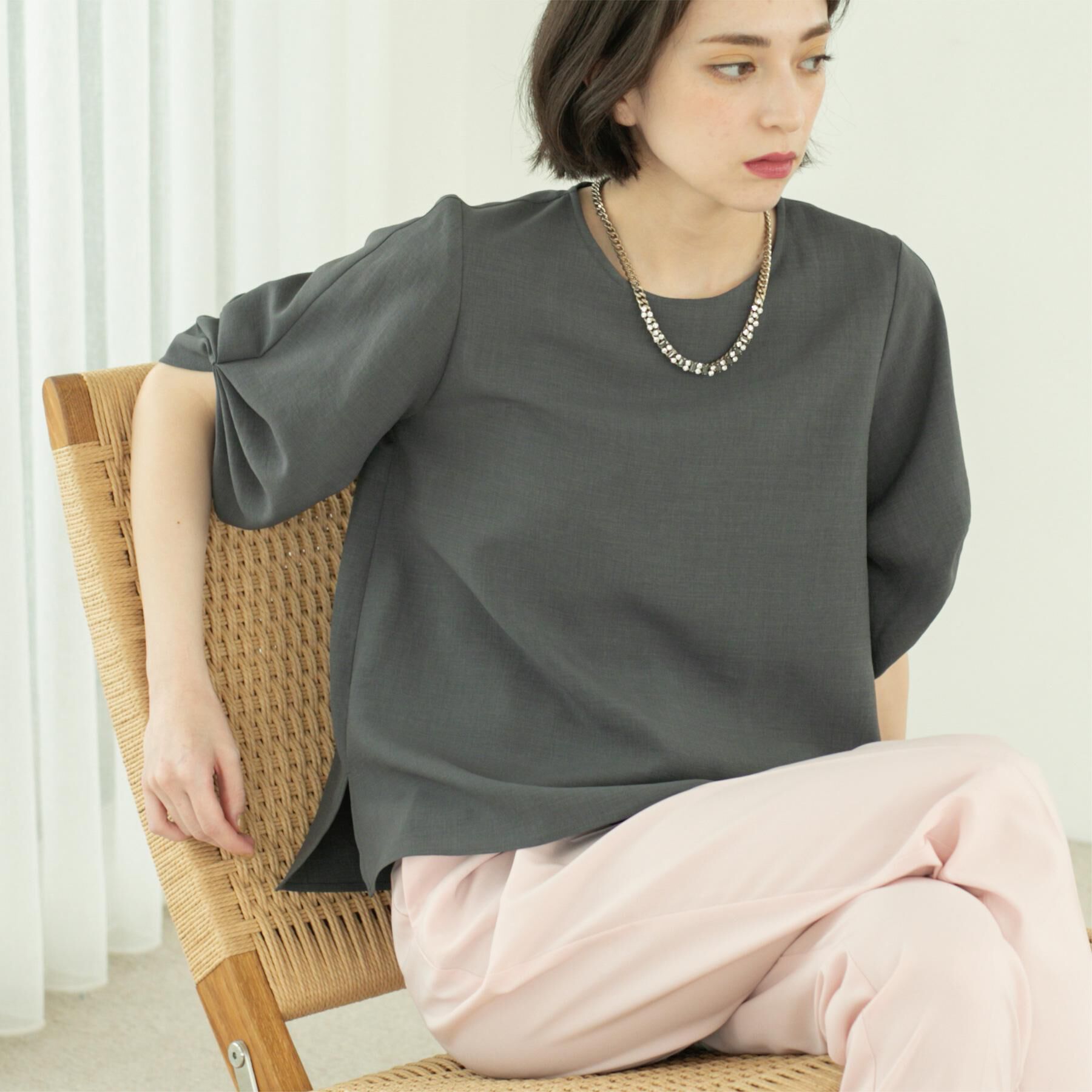 OPAQUE.CLIP「リネンライクタックスリーブブラウス【洗濯機洗い可/吸水速乾/接触冷感】」|シャツ・ブラウス|トープ(054)