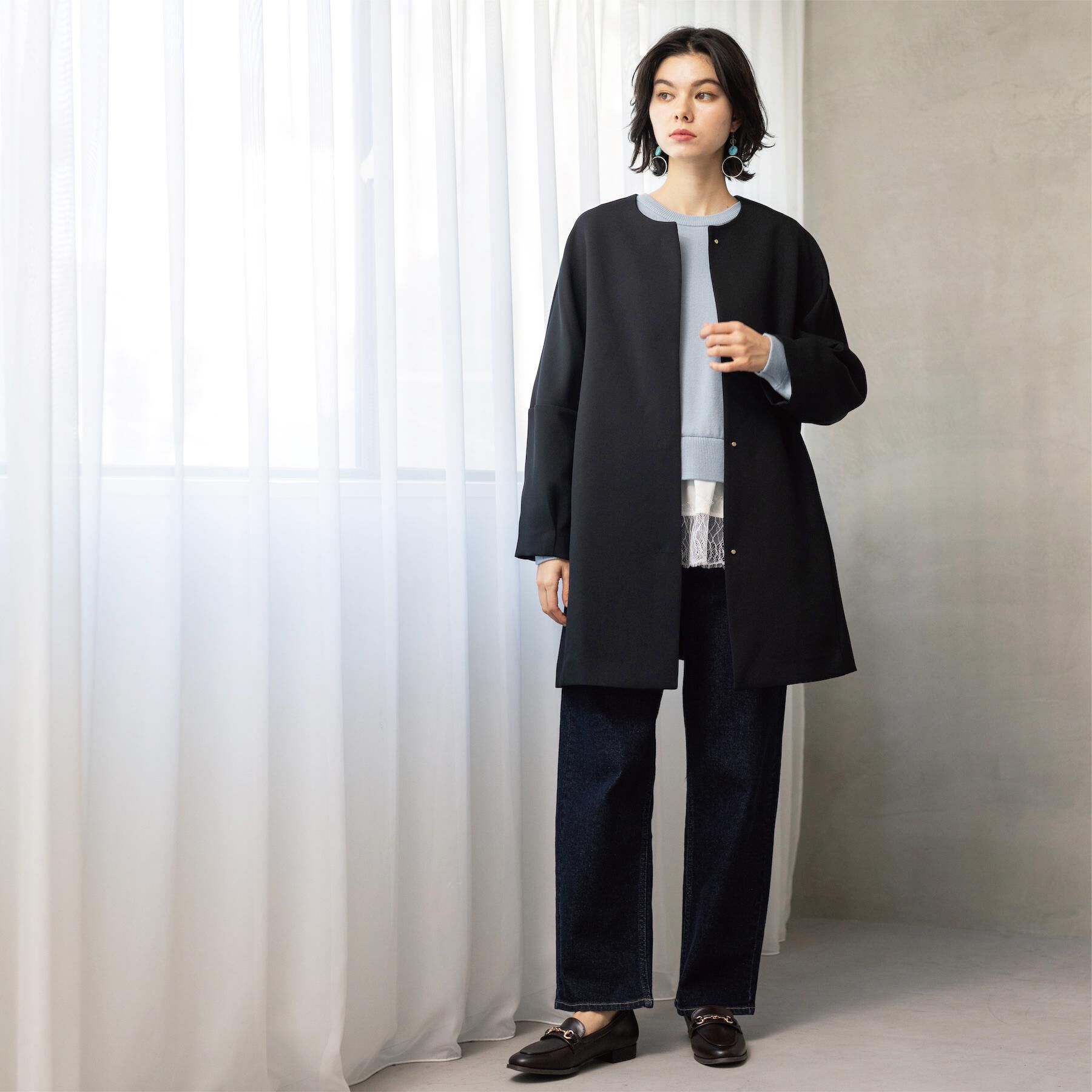 OPAQUE.CLIP「フォルムスリーブミドルコート【洗濯機OK】」|ノーカラーコート|