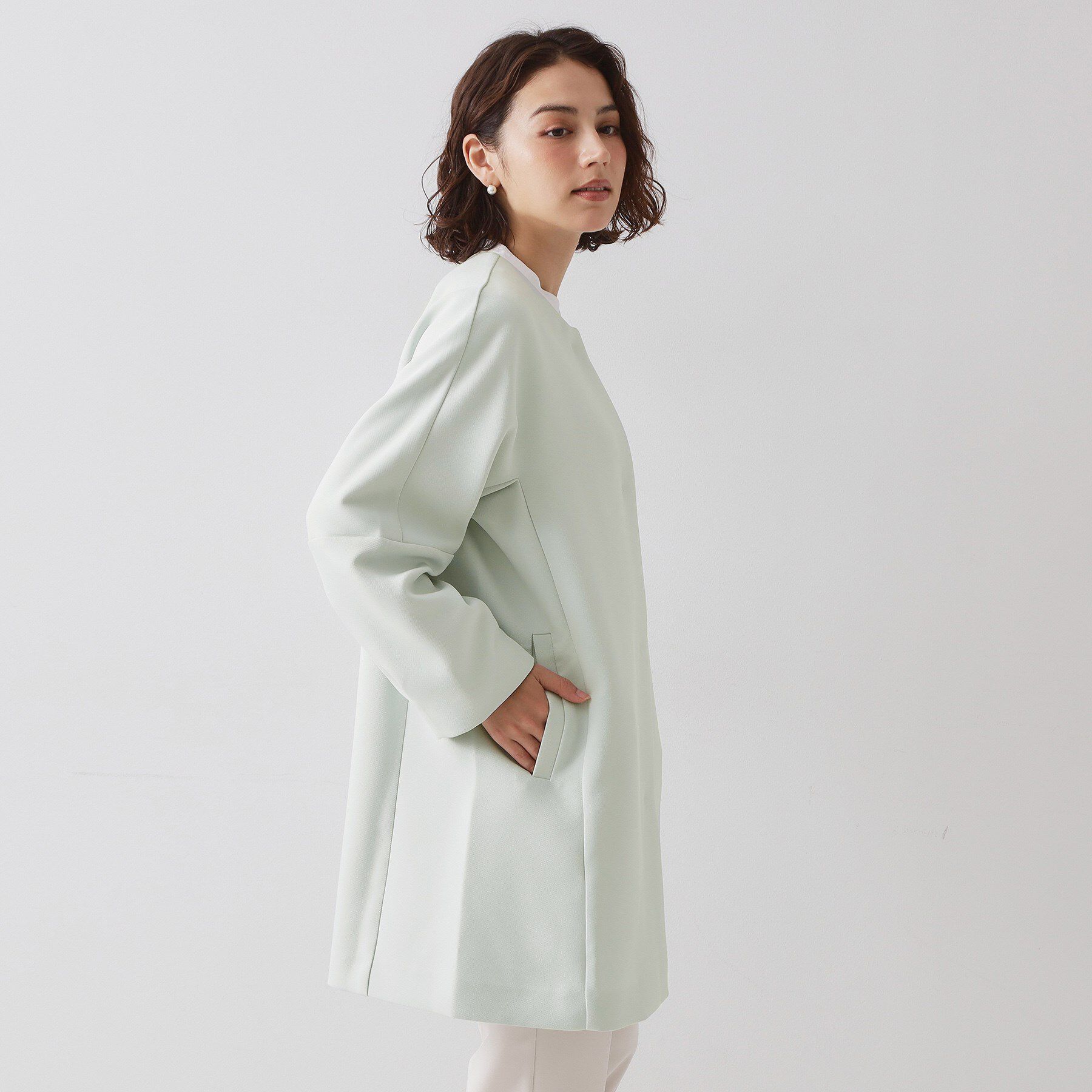 OPAQUE.CLIP「フォルムスリーブミドルコート【洗濯機OK】」|ノーカラーコート|