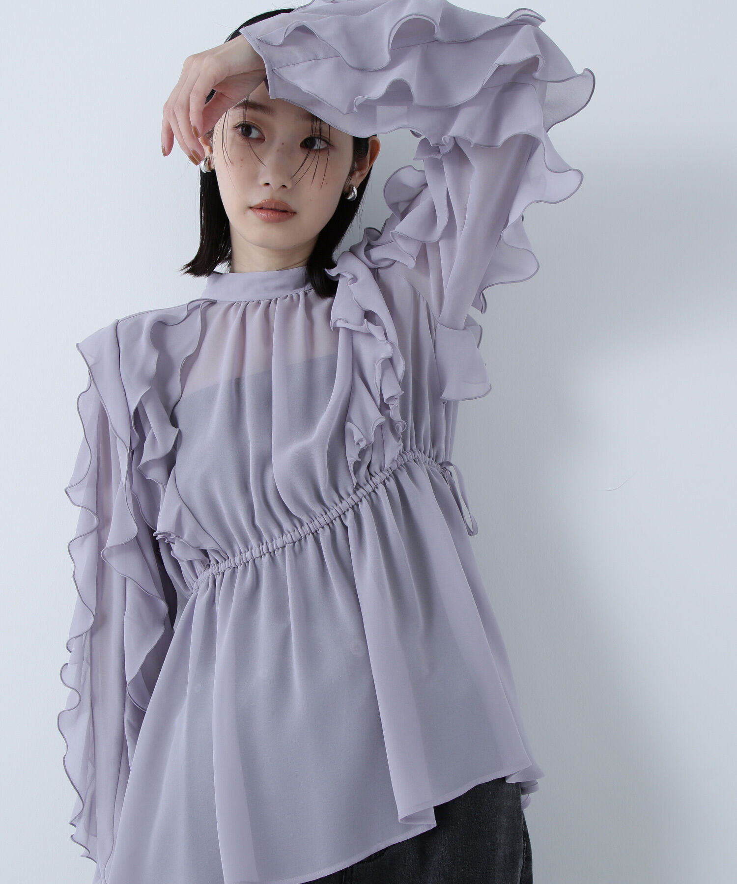  「ラッフルスリーブチュニックブラウス」|シャツ・ブラウス|ラベンダーグ