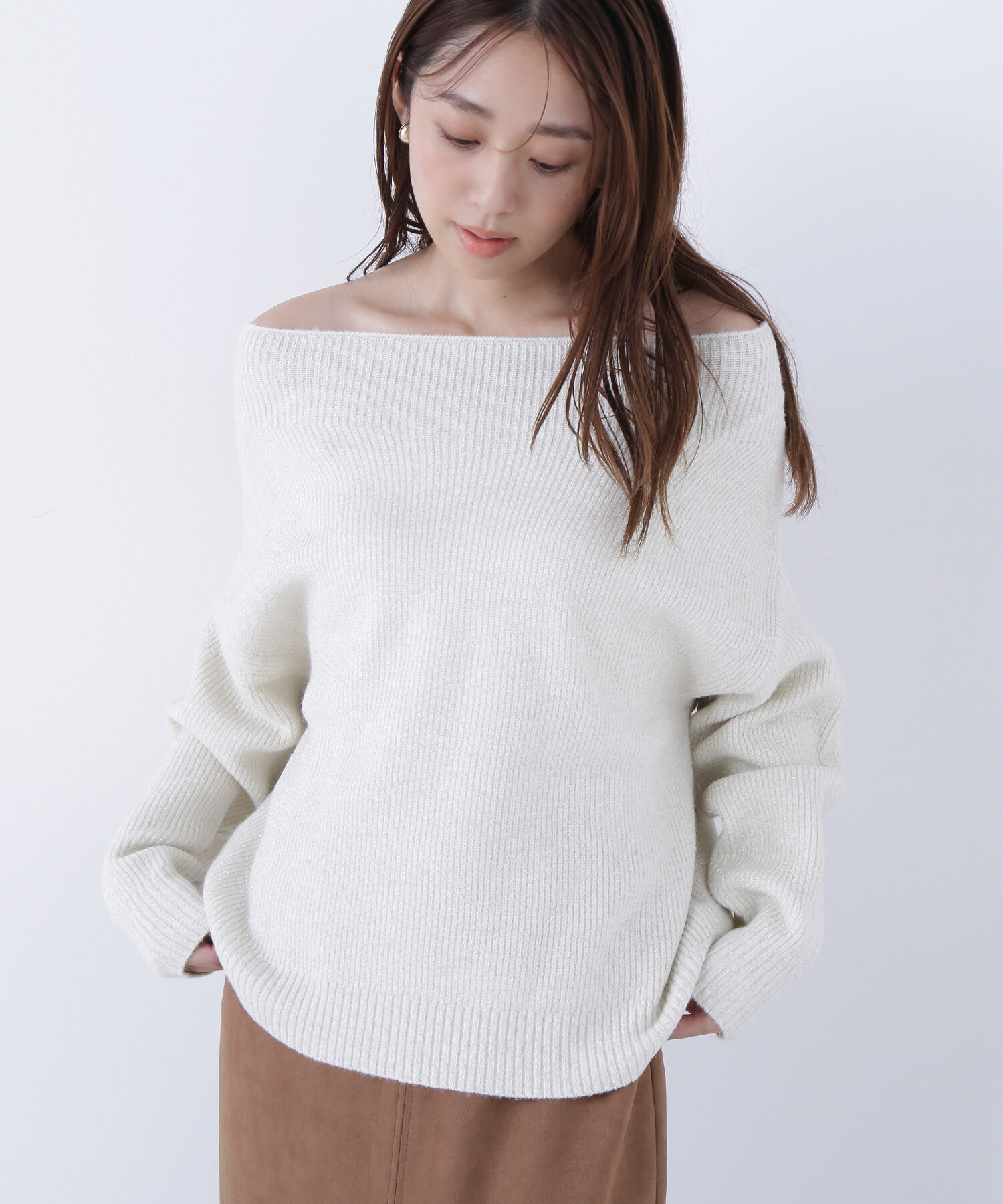  「オフショルボクシーラメニット」|ニット・セーター|