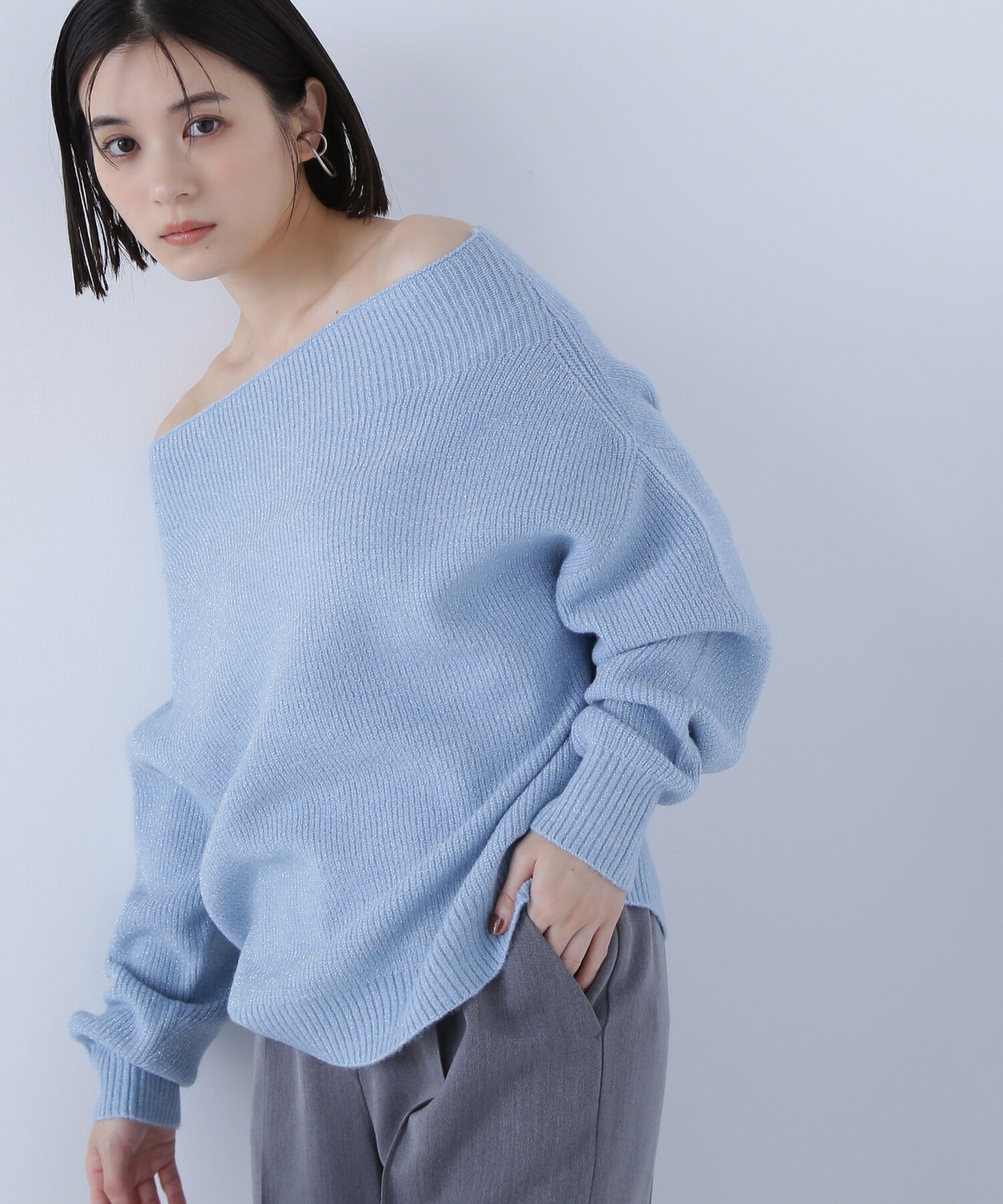  「オフショルボクシーラメニット」|ニット・セーター|ブルー