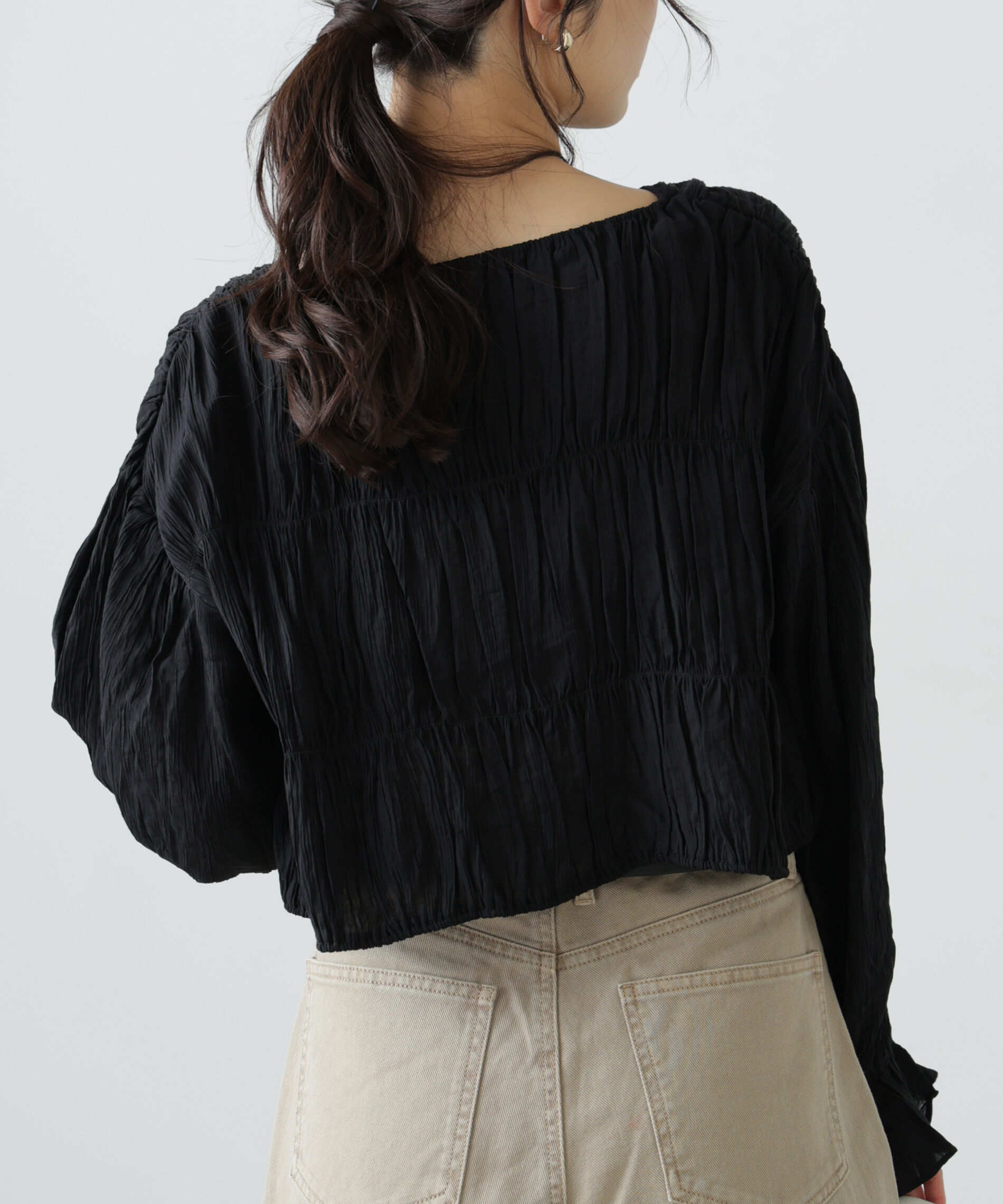  「シアーギャザー前開き短丈ブラウス」|シャツ・ブラウス|