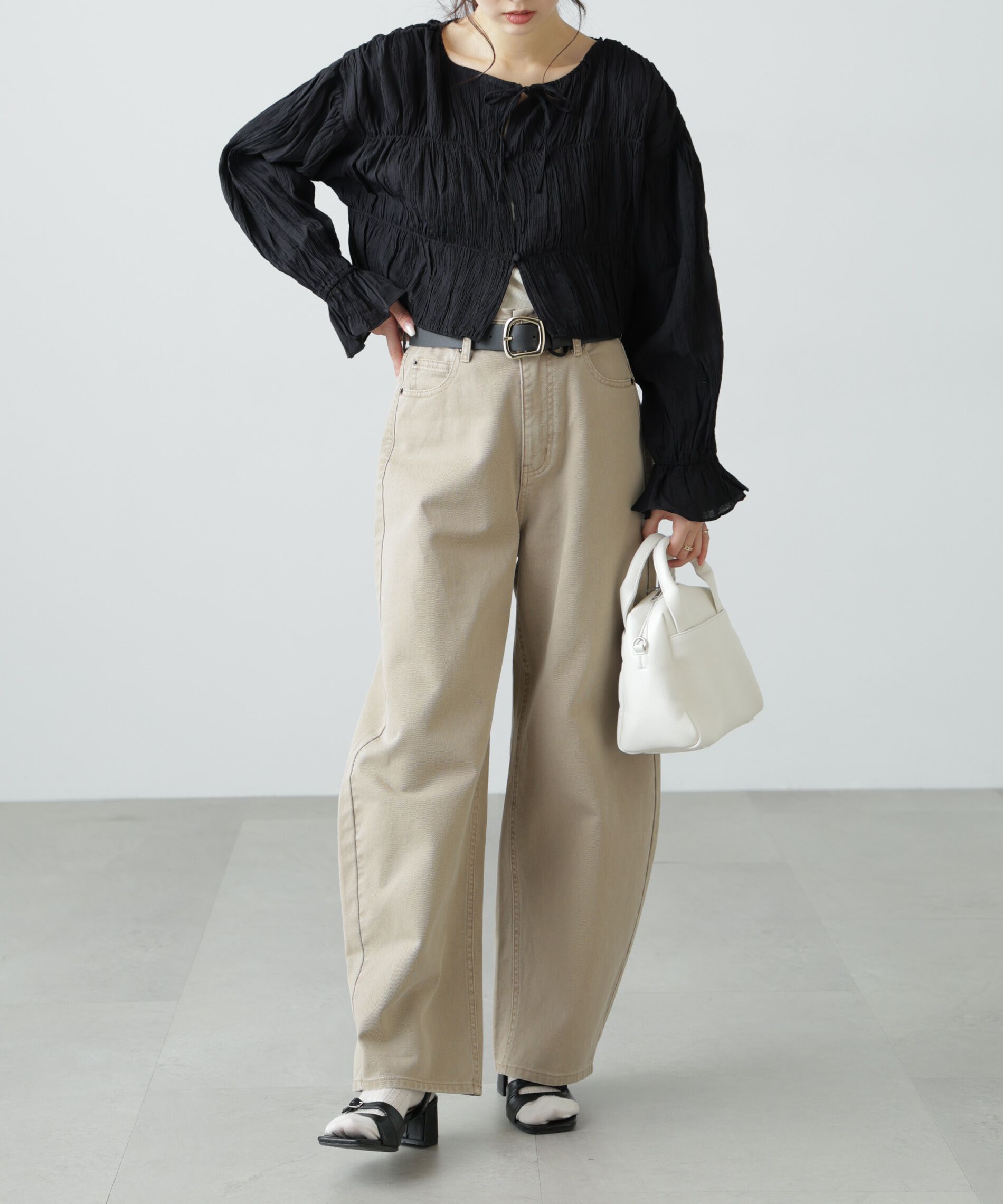  「シアーギャザー前開き短丈ブラウス」|シャツ・ブラウス|