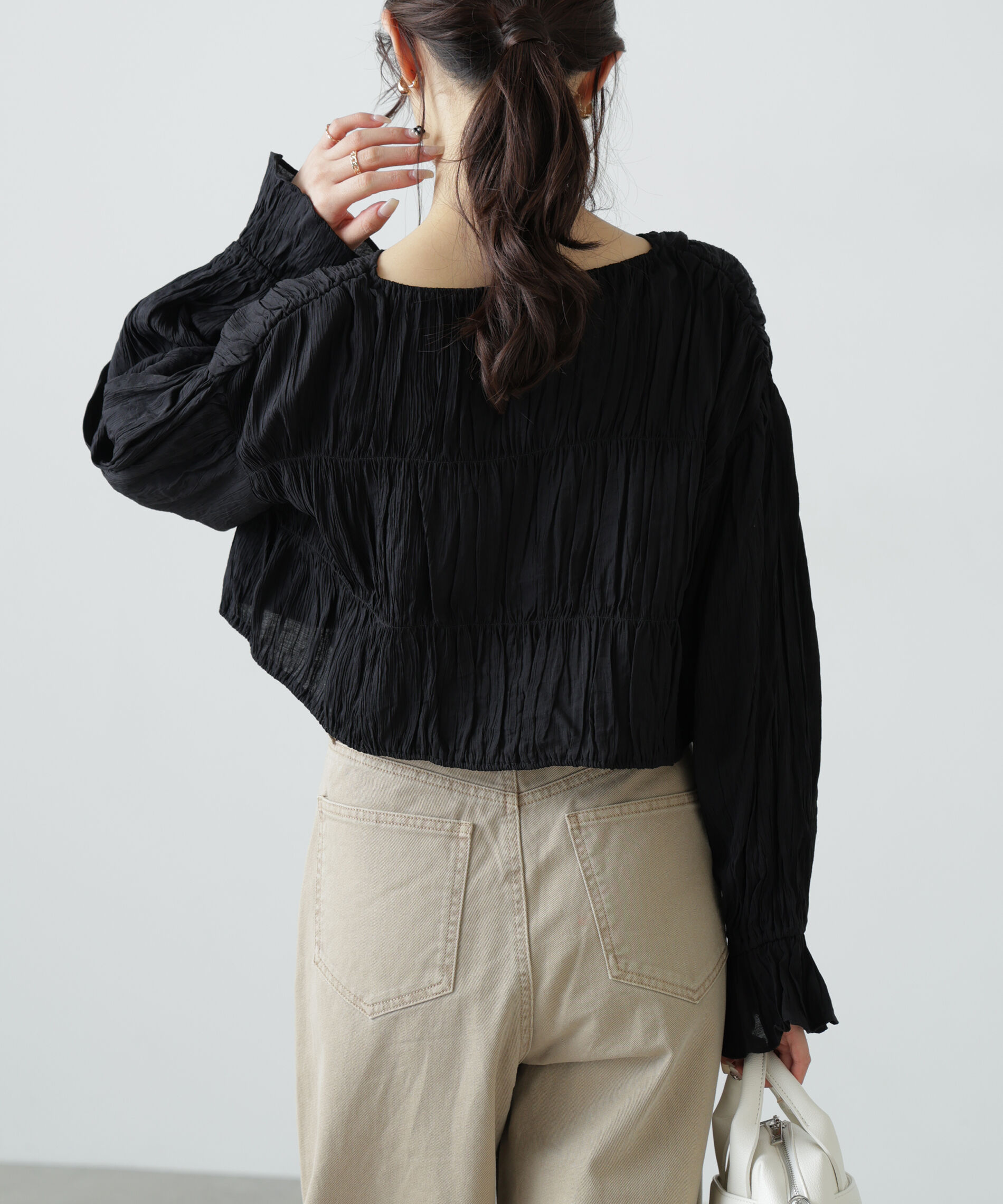  「シアーギャザー前開き短丈ブラウス」|シャツ・ブラウス|