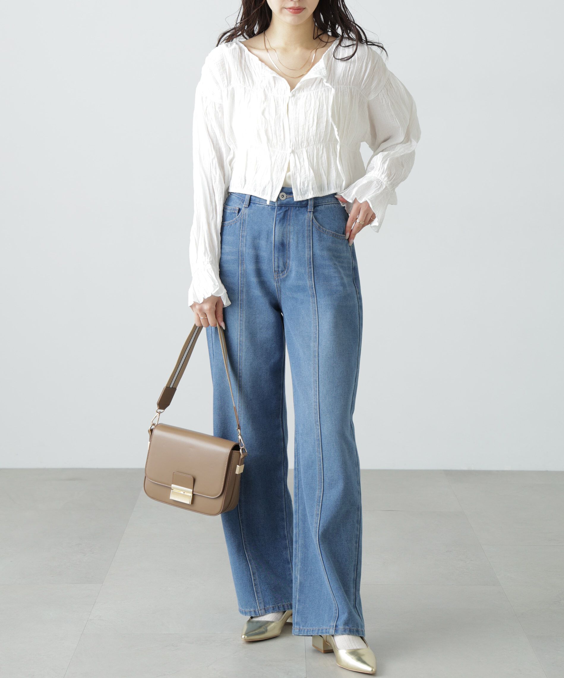  「シアーギャザー前開き短丈ブラウス」|シャツ・ブラウス|