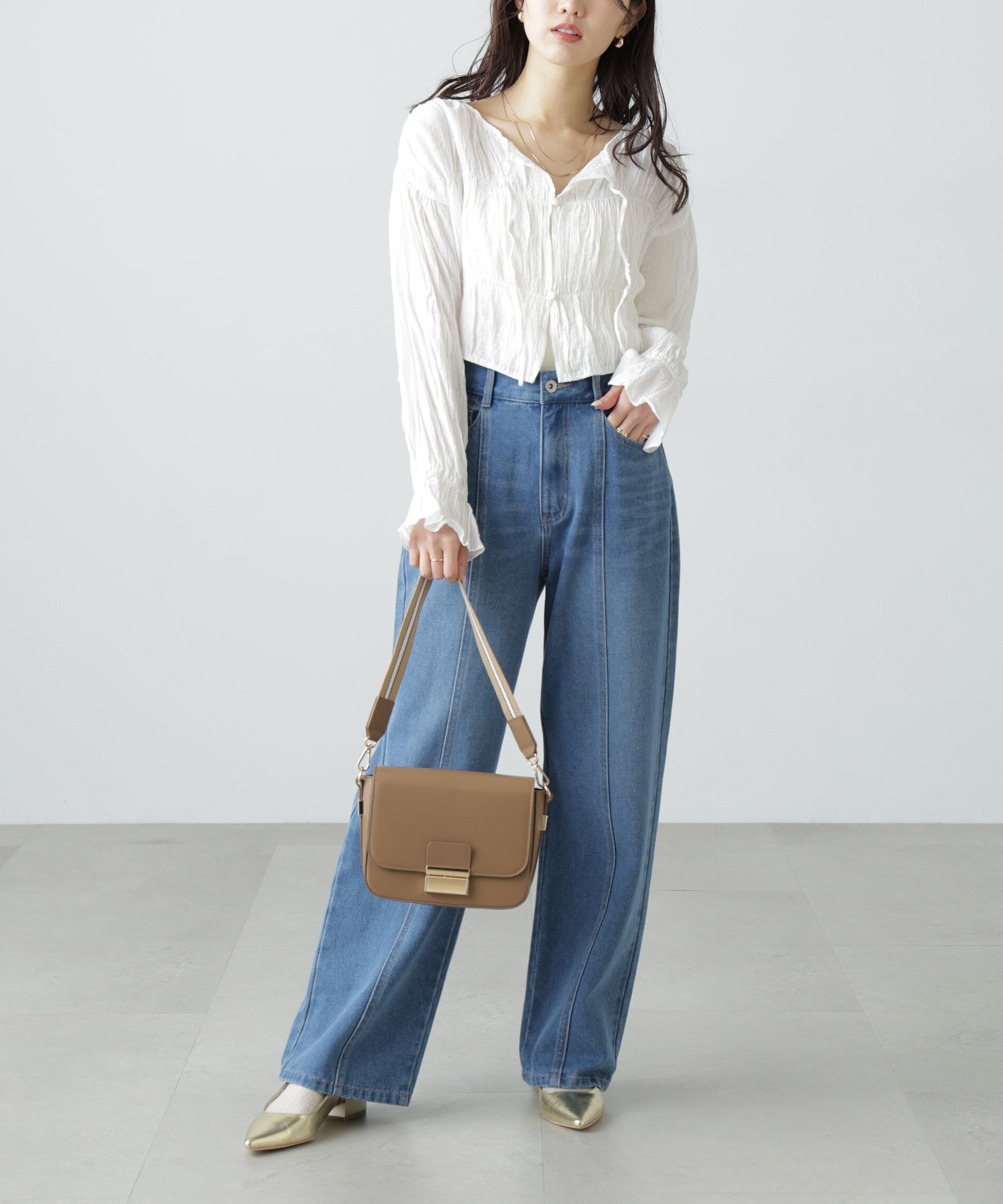  「シアーギャザー前開き短丈ブラウス」|シャツ・ブラウス|