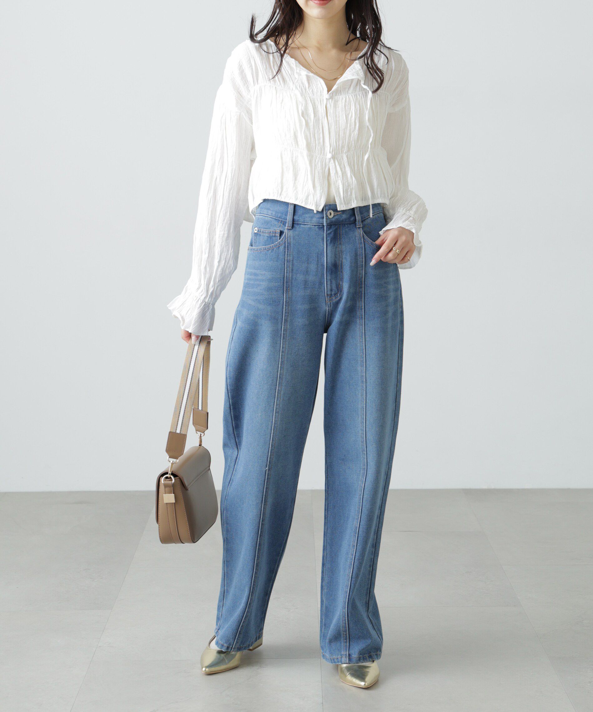  「シアーギャザー前開き短丈ブラウス」|シャツ・ブラウス|