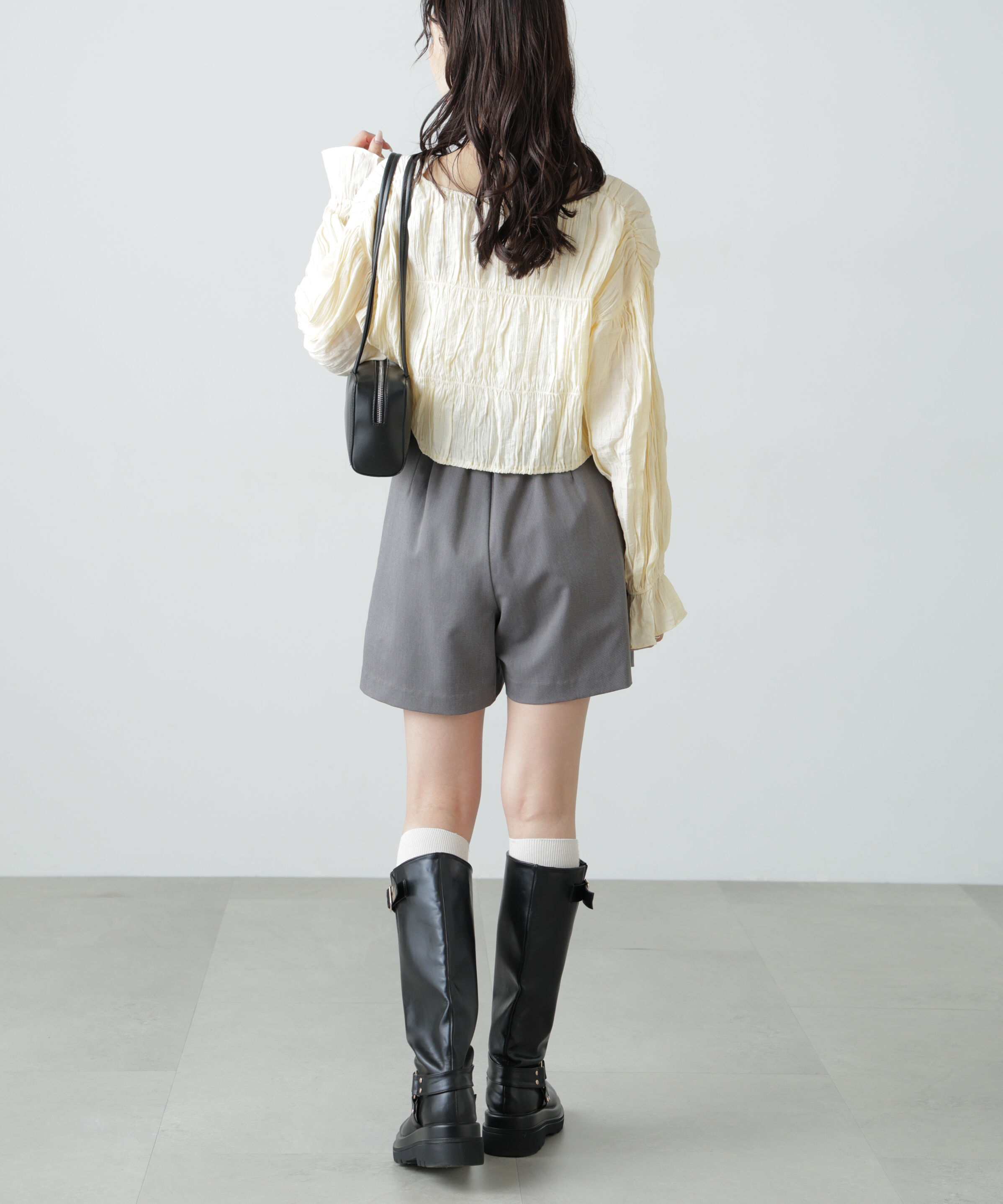  「シアーギャザー前開き短丈ブラウス」|シャツ・ブラウス|