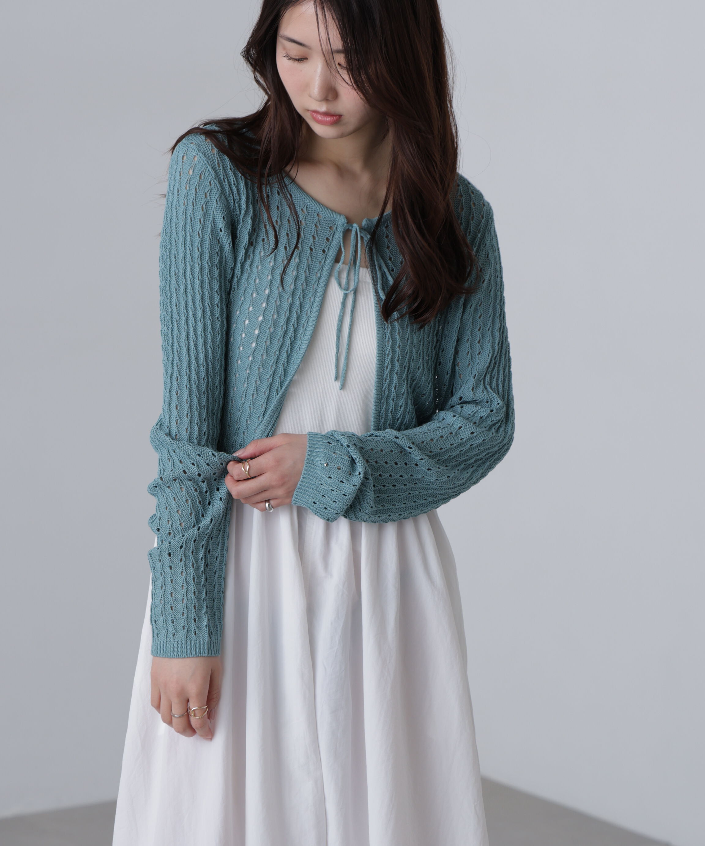  「透かし編みリボンボレロ」|ニット・セーター|グリーン